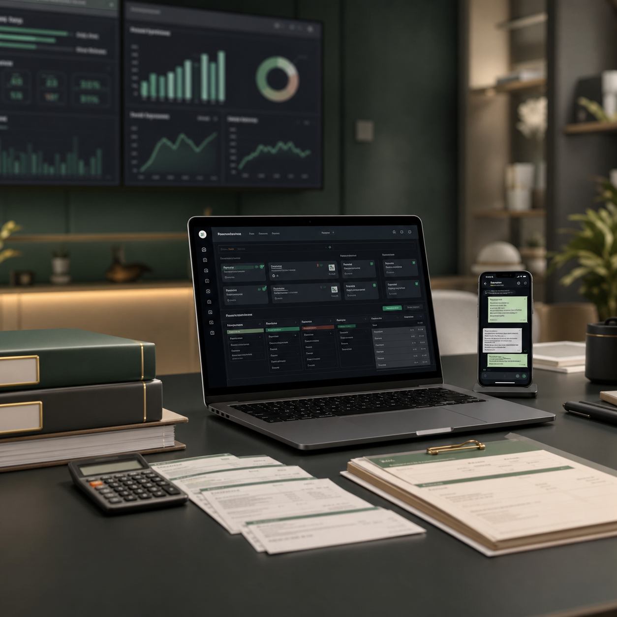 Mesa de cobrança recorrente com dashboard financeiro, boletos e mensagens de WhatsApp
